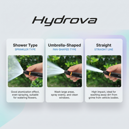 Hydrova product display with three types of nozzles and their uses.