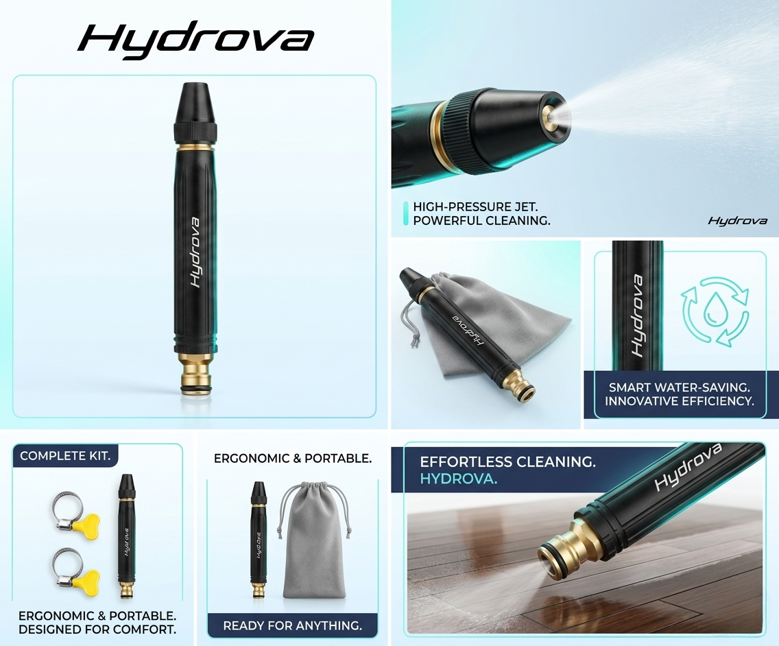 Hydrova cleaning tool with features highlighted on a light blue background