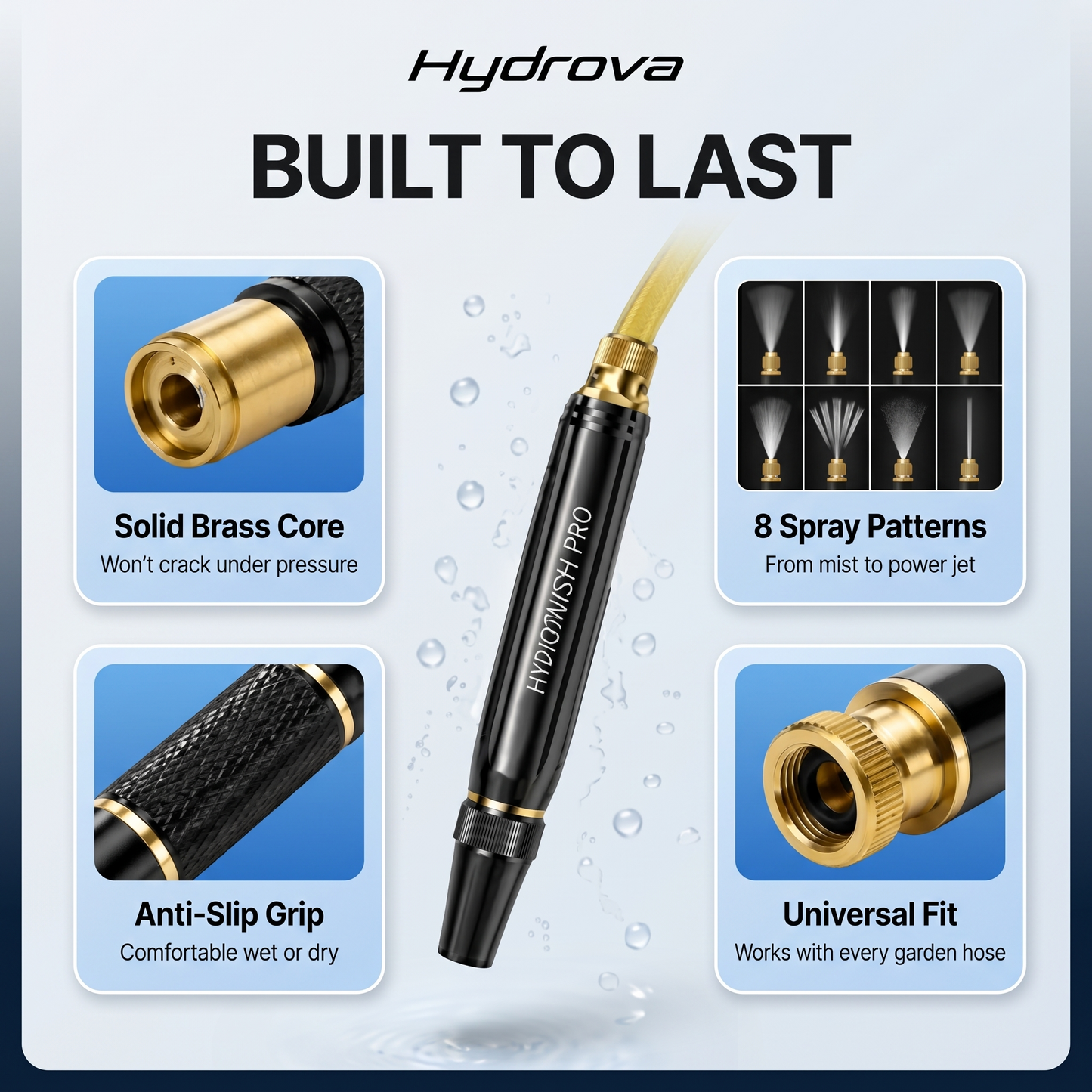 Hydrova garden hose nozzle with features highlighted on a light blue background
