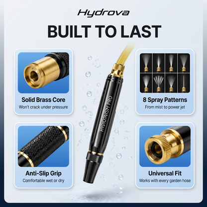 Hydrova garden hose nozzle with features highlighted on a light blue background